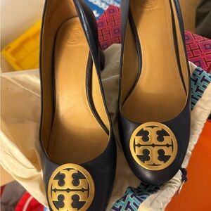 Tory Burch Black Heels with Gold Logo